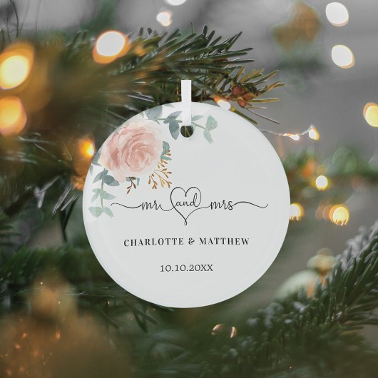 Roos gouden bloemengroen Mr Mrs Heart Wedding Glas Ornament