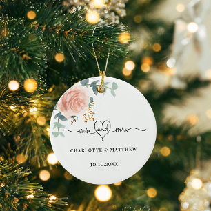 Roos gouden bloemengroen Mr Mrs Heart Wedding Keramisch Ornament