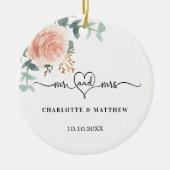 Roos gouden bloemengroen Mr Mrs Heart Wedding Keramisch Ornament (Voorkant)
