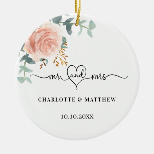 Roos gouden bloemengroen Mr Mrs Heart Wedding Keramisch Ornament (Voorkant)