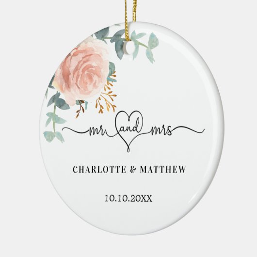 Roos gouden bloemengroen Mr Mrs Heart Wedding Keramisch Ornament (Links)