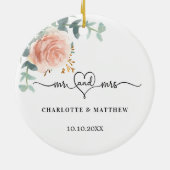 Roos gouden bloemengroen Mr Mrs Heart Wedding Keramisch Ornament (Achterkant)