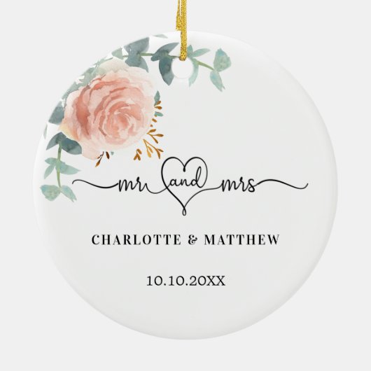 Roos gouden bloemengroen Mr Mrs Heart Wedding Keramisch Ornament (Achterkant)