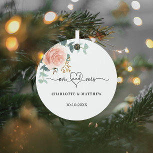 Roos gouden bloemengroen Mr Mrs Heart Wedding Metalen Ornament