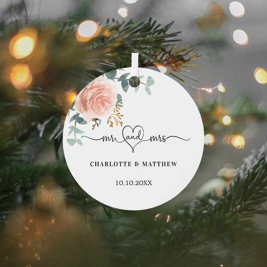 Roos gouden bloemengroen Mr Mrs Heart Wedding Metalen Ornament