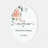 Roos gouden bloemengroen Mr Mrs Heart Wedding Metalen Ornament (Voorkant links)