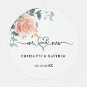 Roos gouden bloemengroen Mr Mrs Heart Wedding Metalen Ornament (Achterkant)