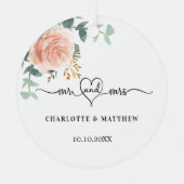 Roos gouden bloemengroen Mr Mrs Heart Wedding Metalen Ornament (Voorkant)