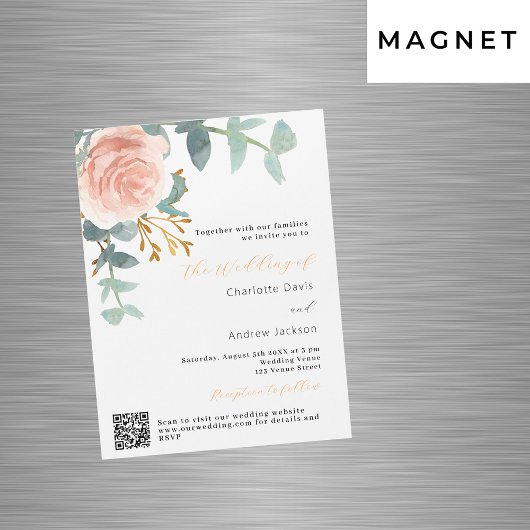Roos gouden bloemengroen QR RSVP luxe bruiloft Magnetische Uitnodiging