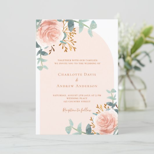 Roos gouden bloemengroenboog bruiloft kaart (Staand voorkant)