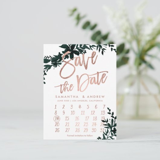 Roos gouden bloemenkalender Bewaar de datum Aankondigingskaart (Staand voorkant)