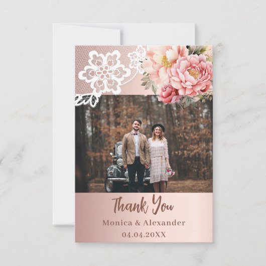 Roos gouden bloemenkant bruiloft dank u kaart (Voorkant)