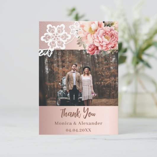 Roos gouden bloemenkant bruiloft dank u kaart (Staand voorkant)