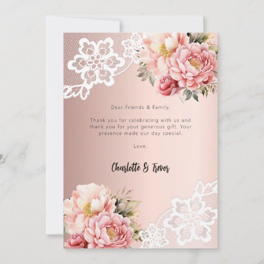 Roos gouden bloemenkant bruiloft dank u kaart (Achterkant)