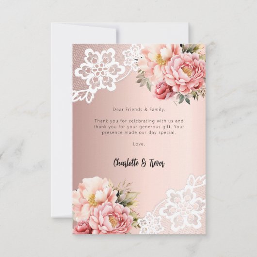 Roos gouden bloemenkant bruiloft dank u kaart (Achterkant)