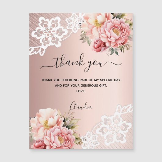 Roos gouden bloemenkant dank u kaartmagneet (Voorkant)