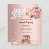 Roos gouden bloemenkoets Sweet 16 invitatie (Voorkant / Achterkant)