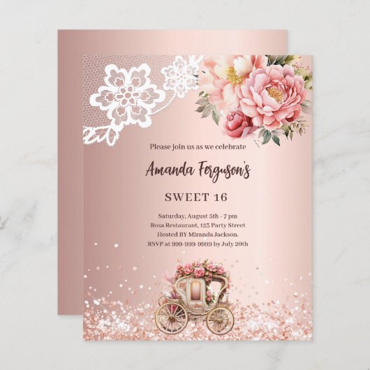 Roos gouden bloemenkoets Sweet 16 invitatie (Voorkant / Achterkant)