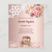 Roos gouden bloemenkoets Sweet 16 invitatie (Voorkant)