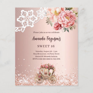 Roos gouden bloemenkoets Sweet 16 invitatie