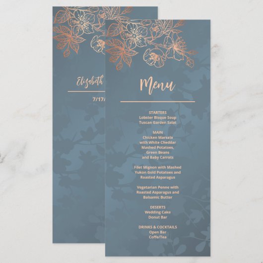 Roos Gouden Bloemenlijn Art Wedding Menu (Voorkant / Achterkant)