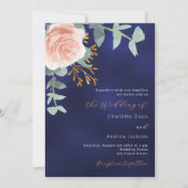 Roos gouden bloemenmarineblauw QR RSVP luxe bruilo Kaart (Voorkant)