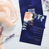 Roos gouden bloemenmarineblauw QR RSVP luxe bruilo Kaart