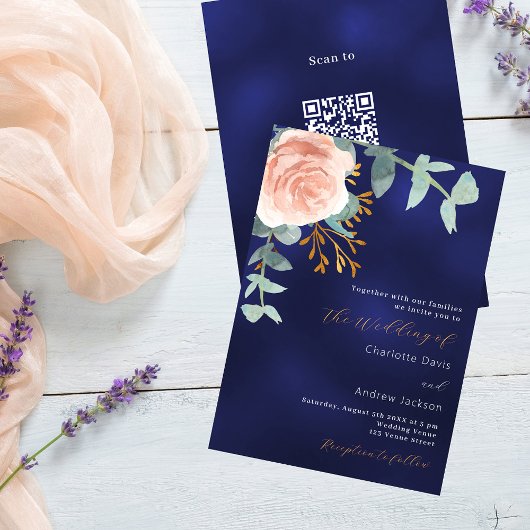 Roos gouden bloemenmarineblauw QR RSVP luxe bruilo Kaart