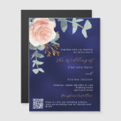 Roos gouden bloemenmarineblauw QR RSVP luxe bruilo Magnetische Uitnodiging (Voorkant / Achterkant)