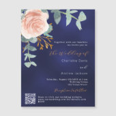 Roos gouden bloemenmarineblauw QR RSVP luxe bruilo Magnetische Uitnodiging (Voorkant)