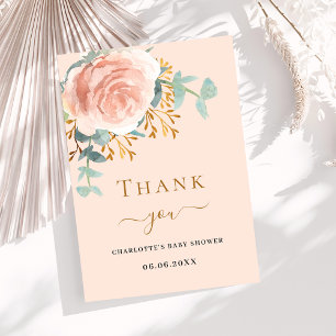 Roos gouden bloemenperzik Baby shower dank u kaart