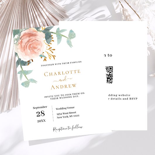 Roos gouden bloemenQR RSVP budget bruiloft uitnodi