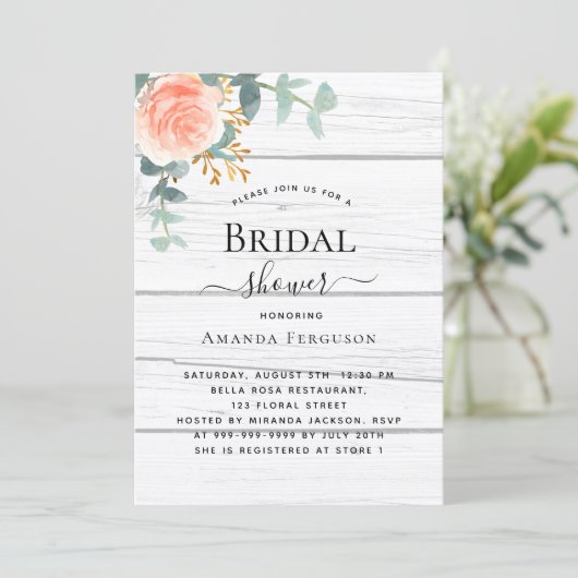 Roos gouden bloemenrustiek wit houten Vrijgezellen Kaart (Staand voorkant)