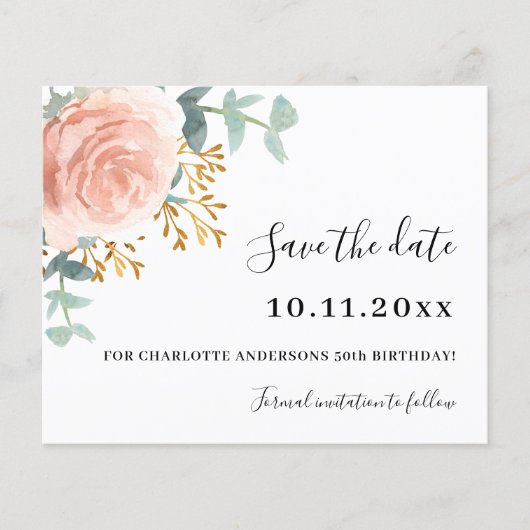 Roos gouden bloemenverjaardag Save the Date kaart (Voorkant)