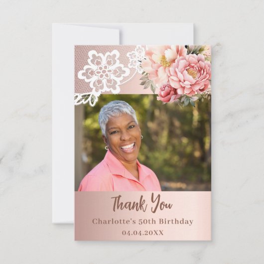 Roos gouden bloemenwitte kant verjaardagsfoto bedankkaart (Voorkant)