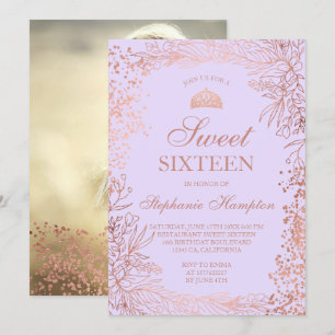 Roos gouden bloemige lavendel Tiara chic Sweet 16 Kaart