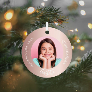 Roos gouden blos aangepaste foto Quinceanera Metalen Ornament