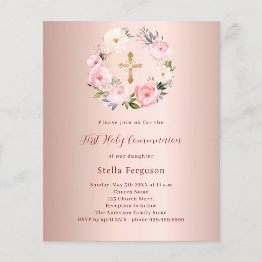 Roos gouden blos bloemen Eerste communie uitnodigi (Voorkant)
