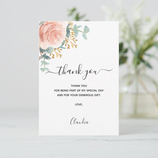 Roos gouden blos bloemen eucalyptus groen bedankkaart (Staand voorkant)