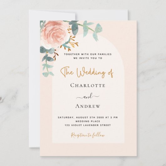 Roos gouden blozen bloemenboog bruiloft kaart (Voorkant)