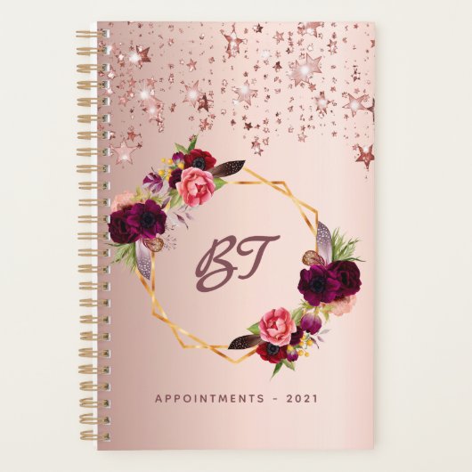 Roos gouden blozen florals sterren monogram planner (Voorkant)
