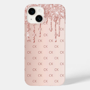 Roos gouden blozen glitter druppelt monogram initi Case-Mate iPhone 14 hoesje