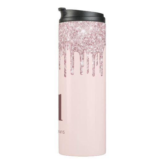 Roos gouden blozen glitter druppelt monogram naam thermosbeker (Geroteerd rechts)