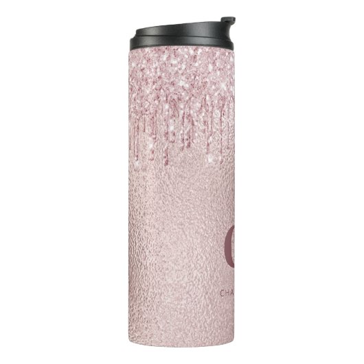Roos gouden blozen glitter druppelt monogram naam thermosbeker (Gedraaid links)