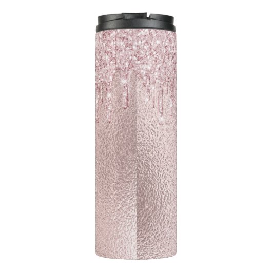 Roos gouden blozen glitter druppelt monogram naam thermosbeker (Achterkant)