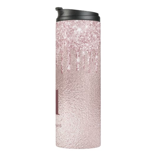 Roos gouden blozen glitter druppelt monogram naam thermosbeker (Geroteerd rechts)