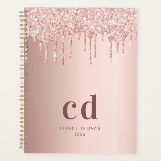 Roos gouden blozen glitter druppelt monogram planner (Voorkant)