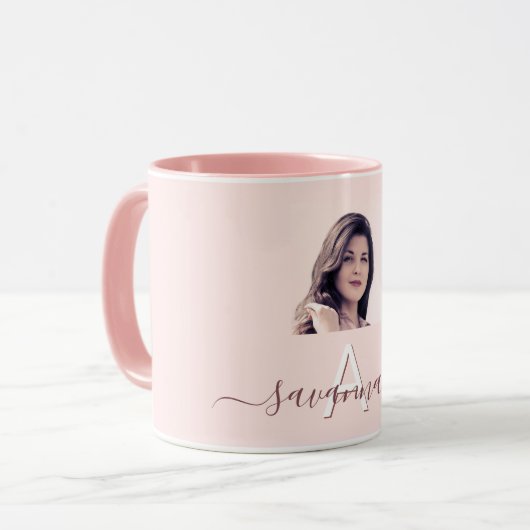 Roos gouden blozen monogram initiaal naam foto mok (Voorkant links)