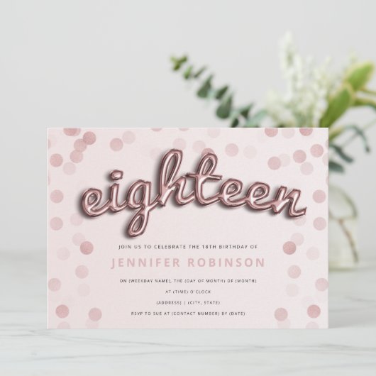 Roos Gouden Blush Ballonnen & Glitter 18e Verjaard Kaart (Staand voorkant)