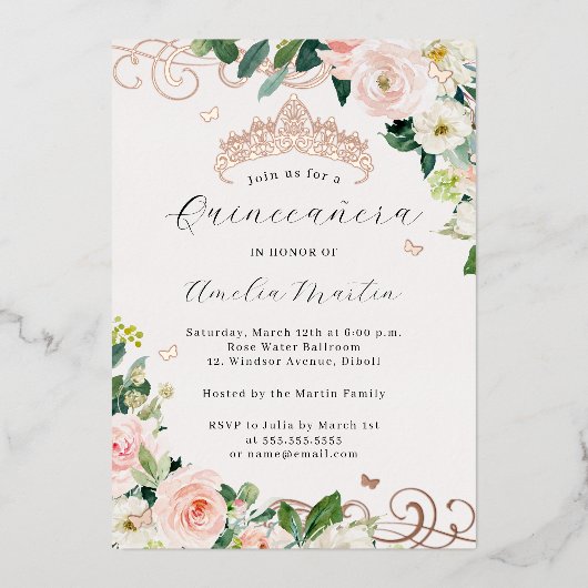 Roos Gouden Blush Bloemen Swirl Quinceanera Folie Uitnodiging (Voorkant)